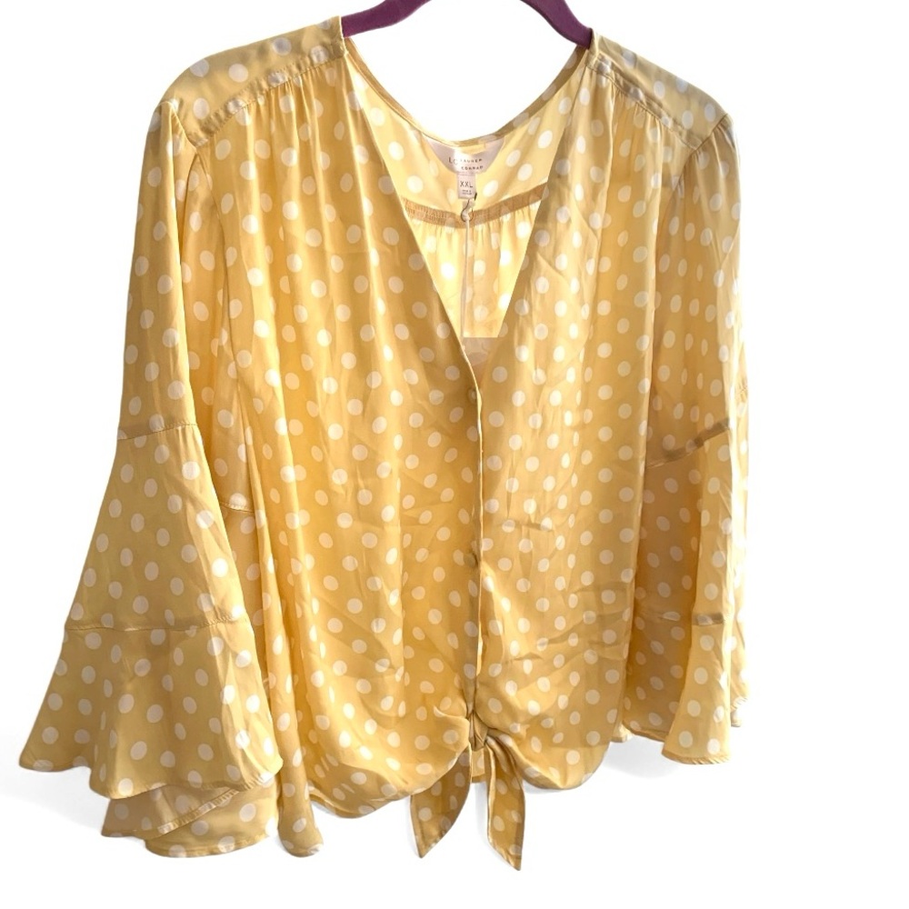 NWT LC Lauren Conrad Yellow White Polka Dot Silky Blouse Button Up Plus Size XXL